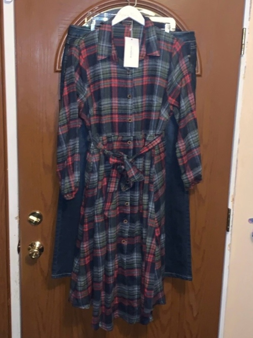 BLOOMCHIC Multi Plaid Button Front Belted Long Sleeve Arc Hemline Midi Dress - Picture 7 of 16